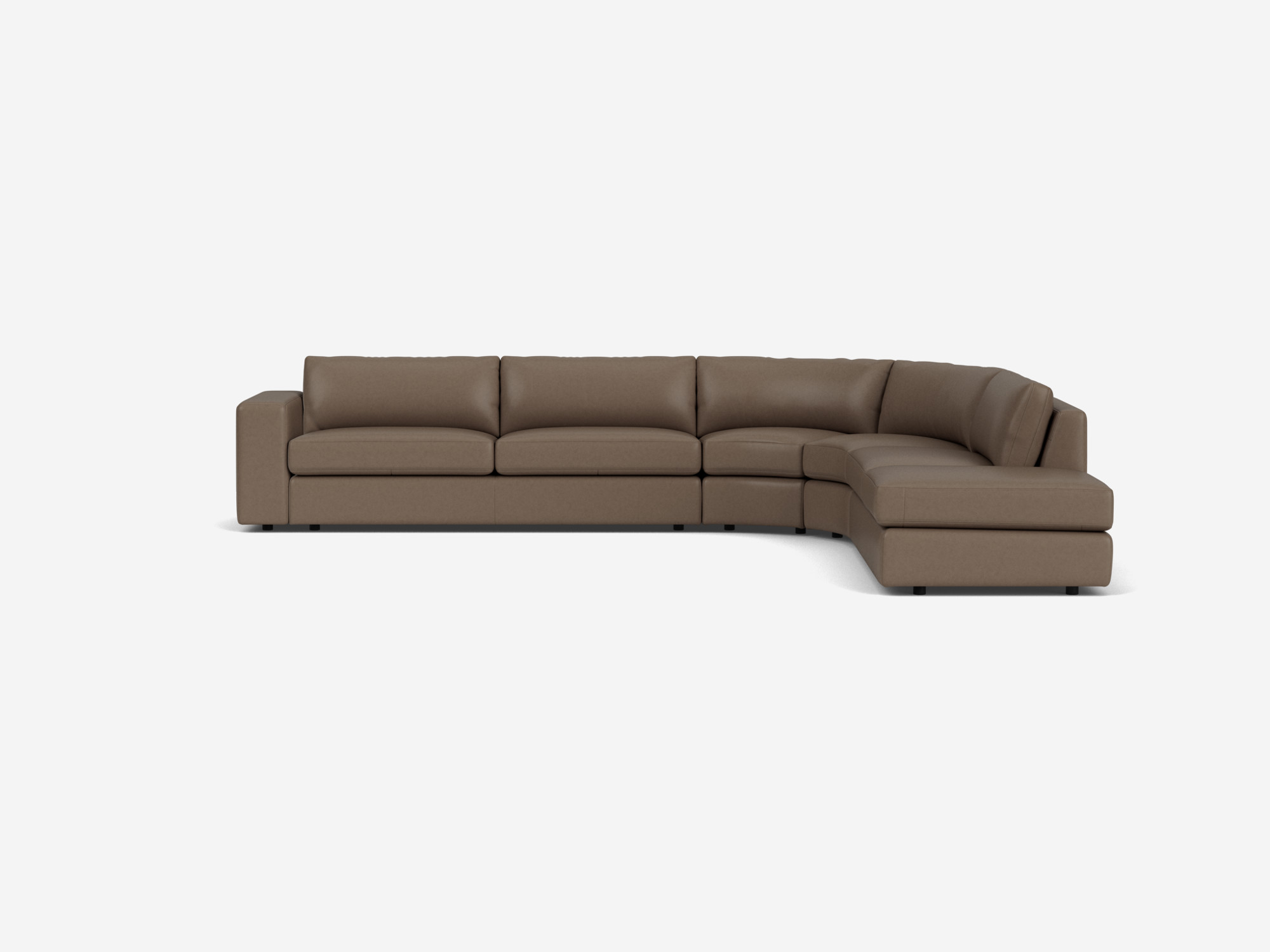 Brown curved leather sectional sofa with right hand chaise front view